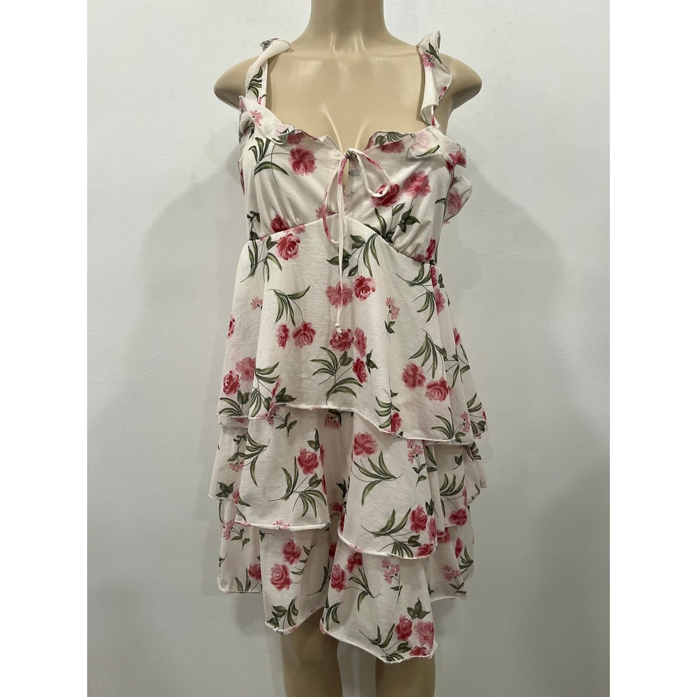 Wild Fable Dress Womens Cream Pink Floral Tiered Ruffle Mini Dress Size Medium